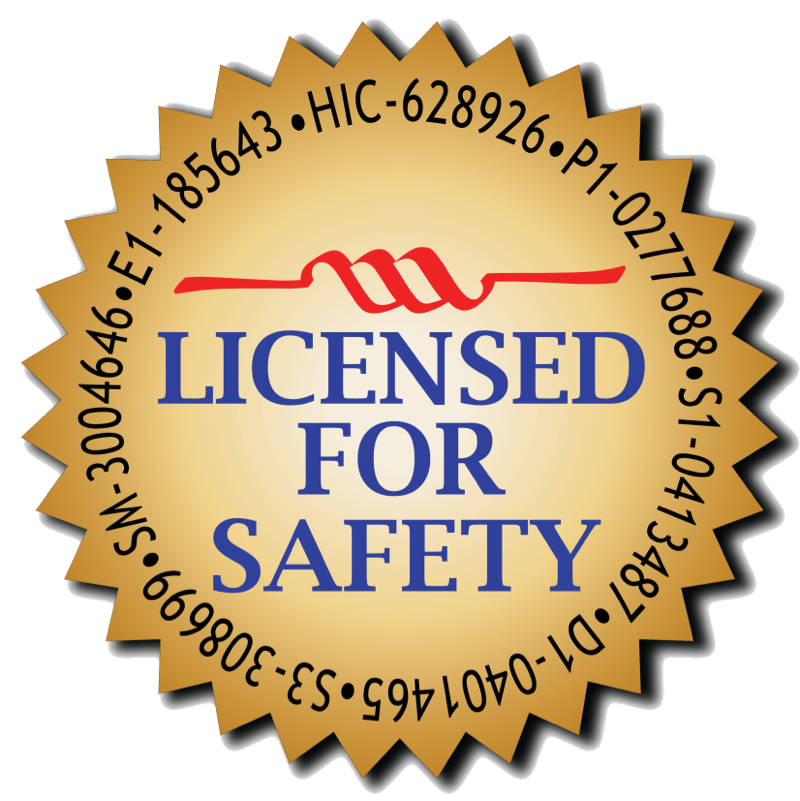 Licensed for safety badge showing Aiello's license numbers